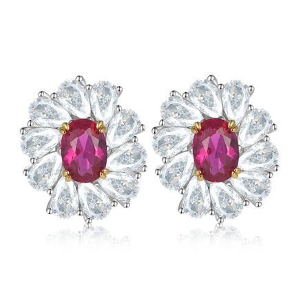 Oval Red Ruby Gemstone Flower 925 Sterling Silver CZ Stud Earrings for Women