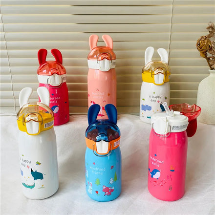 Cute Rabbit Straw Lid Thermos Water Bottle For Children  Lovely 316 Stainless Steel Vacuum Flasks With Handle