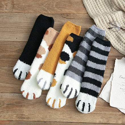 MIO Autumn and Winter Women Thick Warm Soft Coral Fleece Socks Cute Cartoon Cat Paw Cozy Funny Socks Fuzzy Floor Sleep Socks