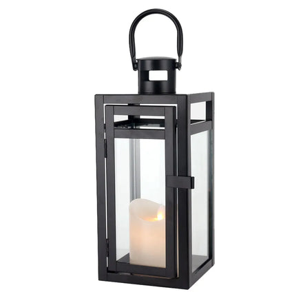 Small Black Candle Lantern Metal Tempered Glass Candle Holder for Garden Home Decoration