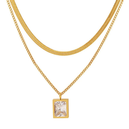 Tarnish Free Double Layered Gold Plated Snake Chain Jewelry Stainless Steel Women Zircon Pendant Clavicle Chain Necklace