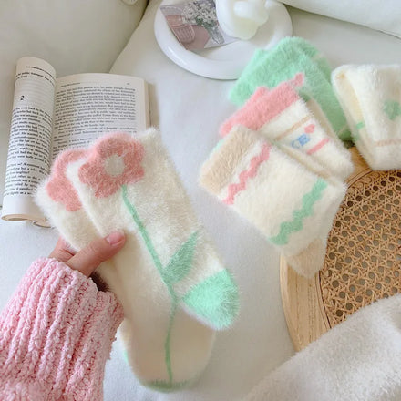 MIO Fashion Autumn Winter Warm Cozy Fluffy Mid Tube Socks Light Green Soft Home Floor Socks Sweet Flower Print Women Fuzzy Socks