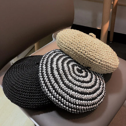 Stripe Artist Panama French Summer Handmade Casual Painter Breathable Women Straw Hollow Girls Hat Beret Cap for Women