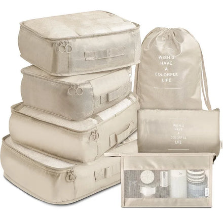Fashion Waterproof Twill Zipper Portable Travel Packing Cubes Set 7pcs Organizer Bags with Pouch for Outdoor Activities