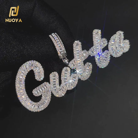 Personalized Custom Baguette Initial Letter Pendant Bling Zircon White Gold Capital Alphabet Name Necklace