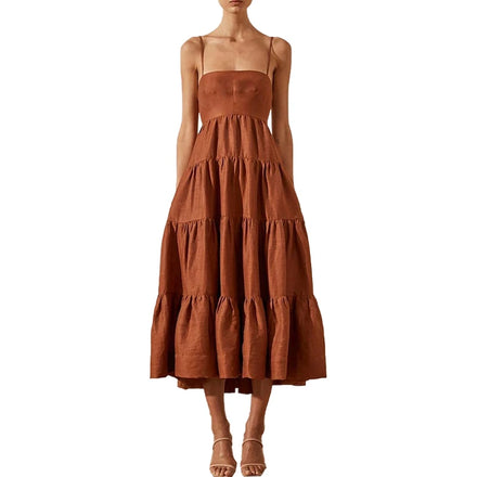 Custom New Arrival Lady Women Clothing Spaghetti Strap Crisscross Backless Ruffles Solid Linen Tiered Long Maxi Dress for Women