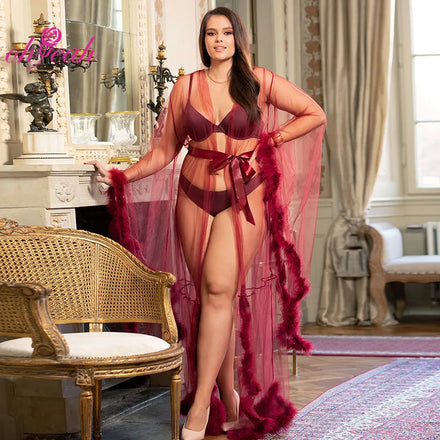 Hot Sale Long Luxury De Nuit Transparent Long Sleeves Plush Edging Mesh Women Sexy-lingerie Robe
