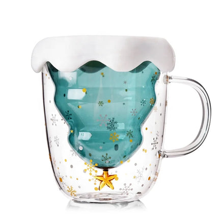 Factory Price Glass Coffee Mug Heat Resistant Insulated Christmas Tree Cup Double Wall Glass Mug with Silicone Lid X-mas Gifts
