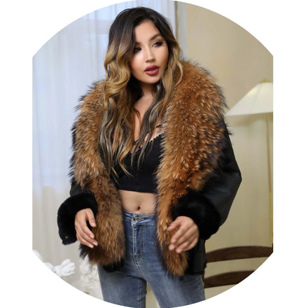 Women Big Front Raccoon Fur Collar USA Big Size Custom Design Doubleface Leather Fur Jacket