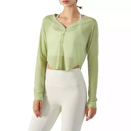 Mesh Breathable V-Neck Button Yoga T-Shirt Fitness Workout Long Sleeve Top Light Weight Loose Fit Yoga Top Gym Wear Crop Top