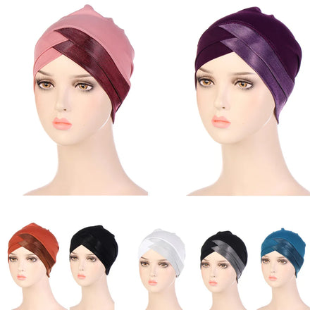 Fashion Hijab and Matching Stretch Fabric Cross Turban Forehead Indian Hat Crystal Head Scarves and Muslim Caps for Women