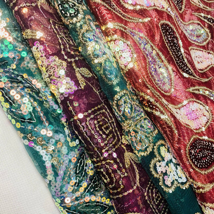 Wholesale Heavy Green Sequin Textile Fabric with Lace Embroidery Weft Knitted Technique for Evening Dress Wedding Accessories