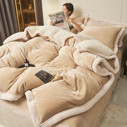 Fluffy Plush Polyester Fibre Eco-Friendly Modern Winter Padded Warm Milk Fleece Quilt Cover Sheet Bed Spread Blanket Bedding Set