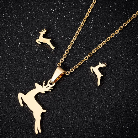 Necklace Earrings Set Stainless Steel Gold Plated Elephant Heart Butterfly Moon Cat Elk Tree StarJewelry Sets for Women Girls