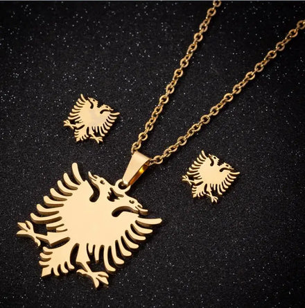 Gold Plated Albanian Eagle Pendant Necklaces Stainless Steel Albanian Eagle Necklace With Earrings Set