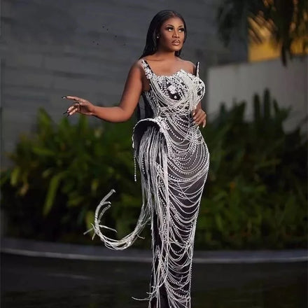 Wholesale Luxury Transparent Crystal Fringes Wedding Party Ball Gown Ladies Strapless Long Prom Club Dress Women Evening Dress