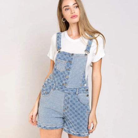 US Market Welcomed Summer Washed Mid Waist Button Down Patched Contrast Color Plaid Pattern Short Denim Jeans Overalls for Women