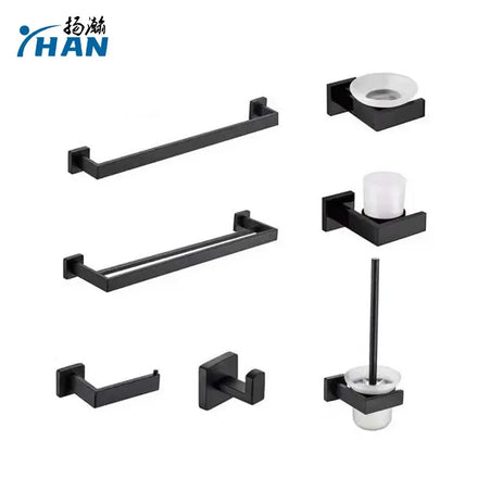 SUS304 Stainless Steel 7-Piece Bathroom Hardware Set Matte Black Towel Bar Paper Holder Toilet Brush Wall Mount Accessories