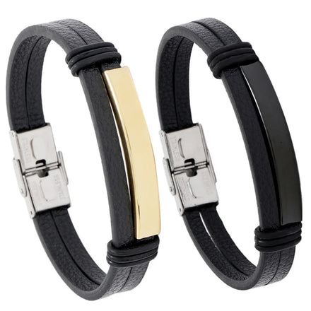Simple Blank Stainless Steel Magnetic Buckle Design Black Leather Sporty Bracelet Men Bangle Fashion Jewelry