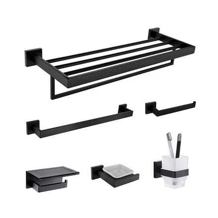 Square Matte Black SUS304 Stainless Steel Bathroom Hardware Set 6 Pcs Wall Mounted Towel Bar Toilet Paper Holder Towel Ring Hook