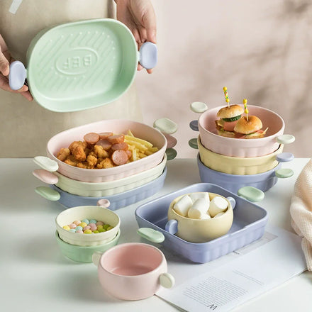 Korean Macaron Cream Ceramic Cutlery Set Contrast Color Two-ear Baking Tray Underglaze Color Oven