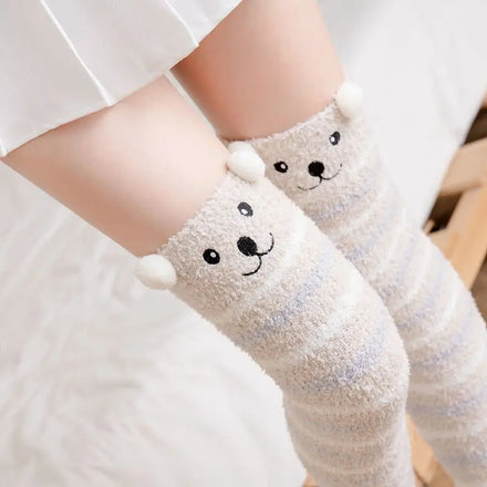 MIO New Style Winter Stockings Warm Cute Cartoon Bear Cats Fluffy Thicken Coral Fleece Knee High Socks Women Fuzzy Thigh Socks