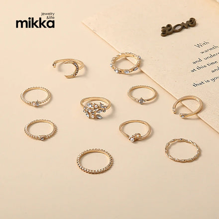 Cheap Bohemian Fashion Star Moon Ring Set for Women Love Pearl Leaves Gold Plated Rhinestone Rings Jewelry