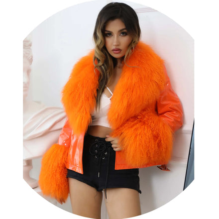 Women Fur Collar Cropped Short Body Long Sleeve Genuine Leather Fur Jacket