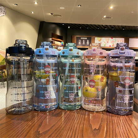 2000ML Plastic Water Bottle Motivational Drink Flask With Time Markings Sports Gym Straw Cup