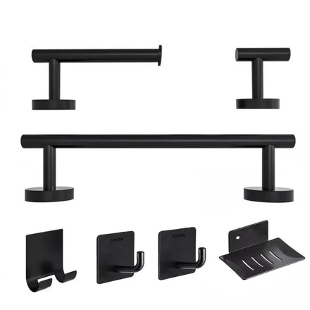 SUS304 Black 7 Piece Bathroom Accessories Set Wall Mounted Towel Bar Toilet Paper Holder Robe Hook Shelf Bath Hardware for Hotel