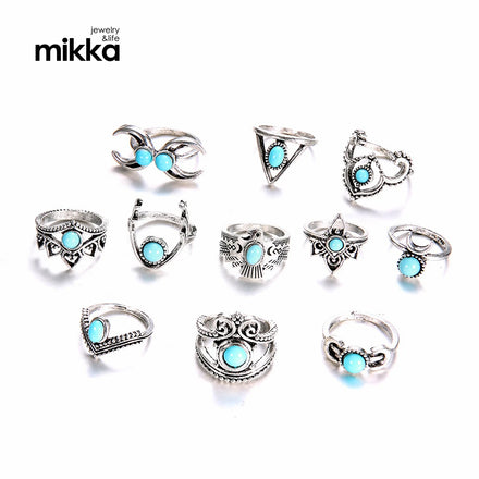 Factory Stock 11-Piece Ring Set Turquoise Crescent Owl Resin Rings Exaggerated Personalized Vintage Silver Jewelry
