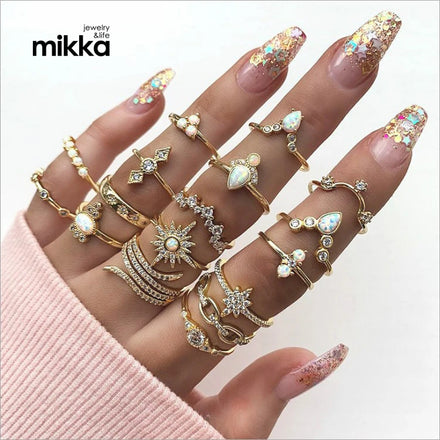 Hot Selling Women Fashion Ring Set With Diamond Pearl Women Bohemia 17pcs Ring Set