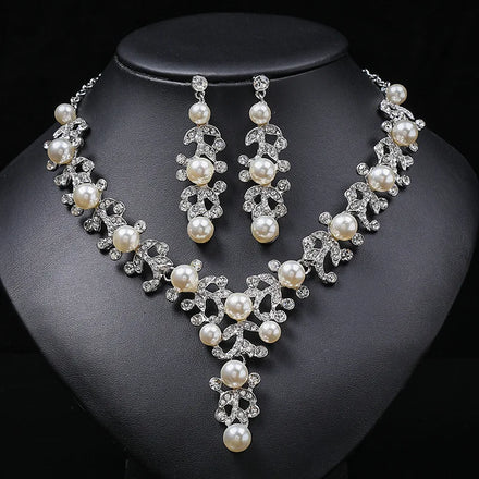 New Design Crystal Rhinestone and Pearl Pedant Necklace Earrings Women's Bride Jewelry Sets for Wedding Inspired by Africa