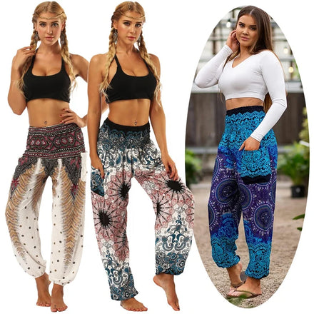 Womens Hippie Palazzo Pants Boho Ethnic Print Side Pocket Trousers Smocked Waist Joggers Bohemian Holiday Pajamas Harem Pants