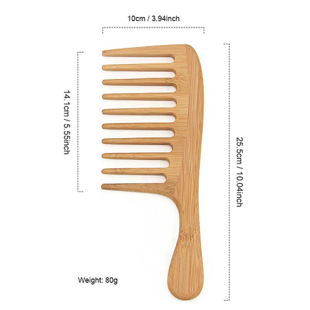 Wide Tooth Bamboo Handled Common Comb Detangler Brush for Thick Curly Wavy Hair Professional Salon & Home Use