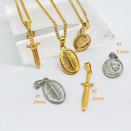 New Styles Oval Dagger Pendant Necklace Gold Plated Stainless Steel Roman Centurion Necklace Antiques Sword Portrait Jewelry