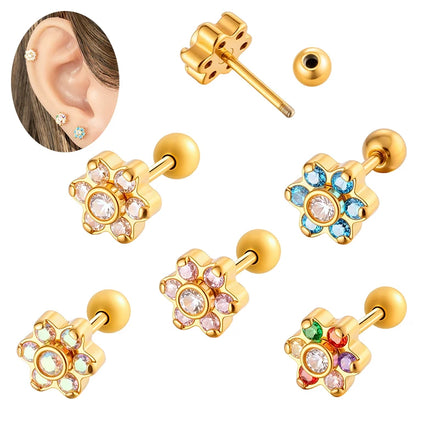 Hengsen Hypoallergenic Stainless Steel Cartilage Earrings Colorful Tiny CZ Flower Ear Stud Helix Lobe Earring Piercing Jewelry