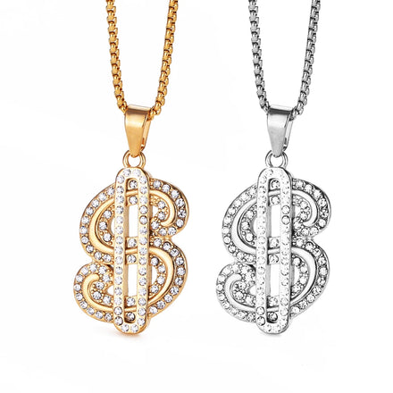 18k Gold Plated Chain Dollar Bill Necklace for Men Dollar Sign Pendant CZ Hips Hops Dollar Necklace Money Bag Rappers Necklace
