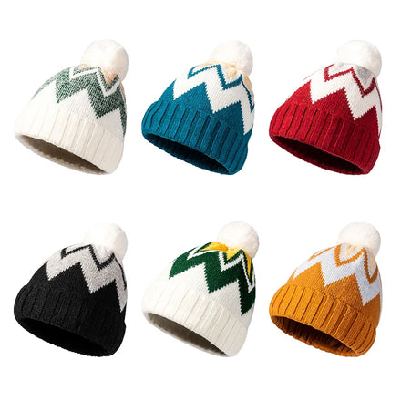 Women's Thickened Rabbit Fur Jacquard Knitted Beanie Warm Pom Pom Winter Hat Digital Printed Stripe for Travel Beach Business