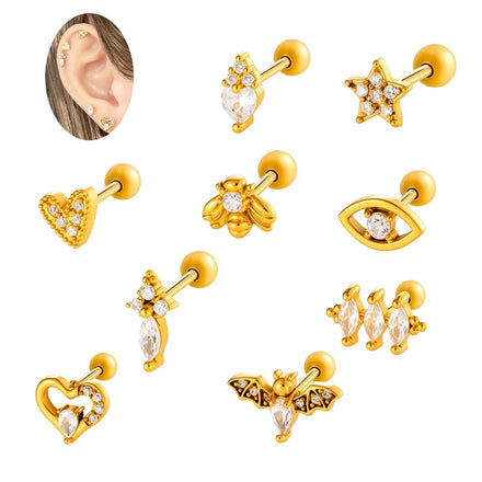 HENGSEN Wholesale Stainless Steel Jewelry Gold Plated Piercing Jewelry Heart Eye Bee Animal Shape Fashion Stud Earrings