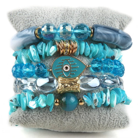 Fashion 5pc Women Hematite Cat Eye Jewelry Crystal Glass Natural Stone Pearl Acryl Pipe Chip Shell Stack Bracelet Set