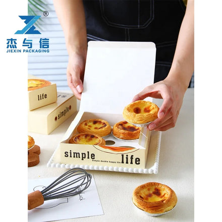 Custom Eco-friendly Take Away Egg Tart Packing Boxes Fast Food Biodegradable Food Grade Biscuit and Cake Paper Box