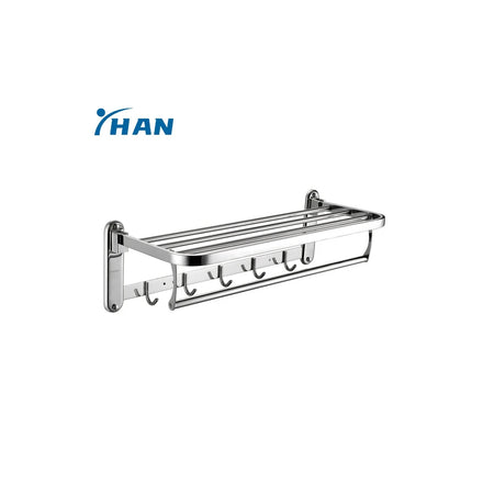 Wall Mounted Stainless Steel Double-Layer Folding Towel Rack with Multi-Hooks Space-Saving Bathroom Towel Bar for Hanging