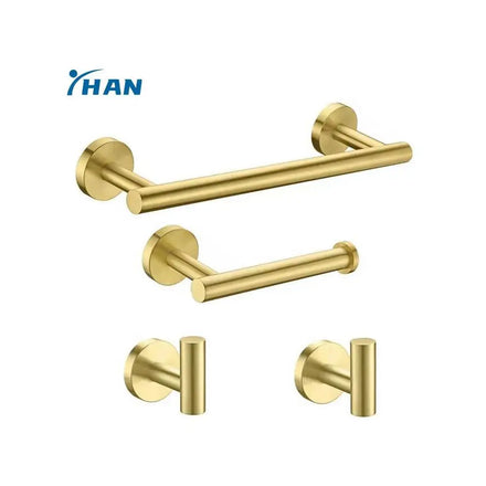 Gold SUS304 Stainless Steel 4 Piece Wall Mounted Bathroom Hardware Set Towel Bar Toilet Paper Holder and 2 Robe Hooks