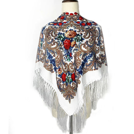 90x90 Russian Floral Paisley Fringe Shawl Vintage Square Headscarf Bohemian Women Printed Wrap Scarf for Holiday Gift Travel