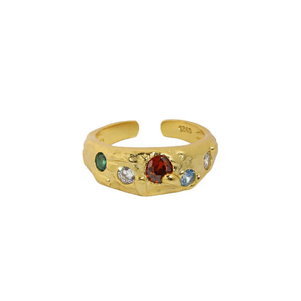 Classical 18k Gold Texture Paved Zircons Ring 925 Sterling Silver Colorful Zircon Open Rings for Women