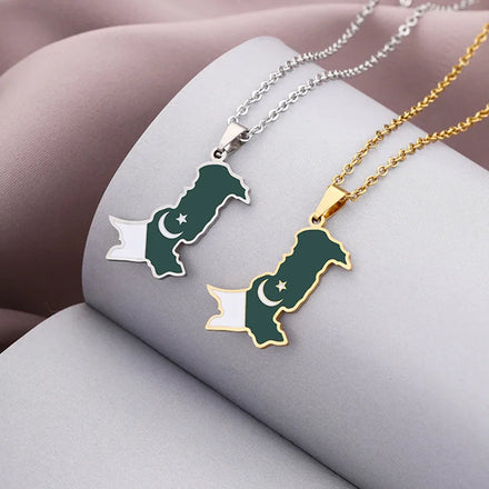 Manufacturer Pakistan Map Chain Necklaces Enameled Stainless Steel 18K Gold Plated Enamel Pakistan Flag Map Pendant Necklace