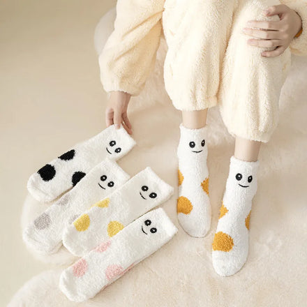 MIO Cute Super Soft Fuzzy Cozy Home Floor Socks Crew Design Cute Smiling Face Coral Fleece Socks Winter Thick Warm Funny Socks