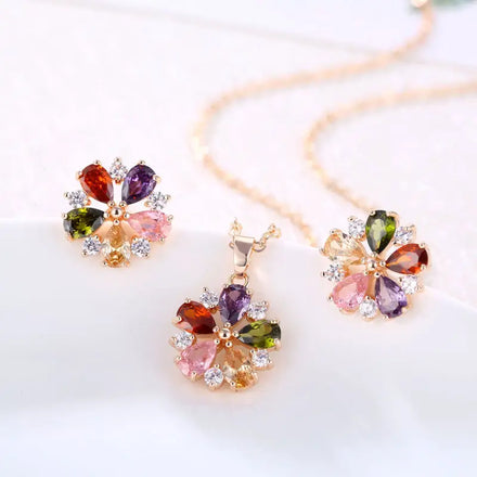 Fashion Jewelry Set Rose Gold Colorful Zircon Flower Pendant Necklace Earrings for Women Girls