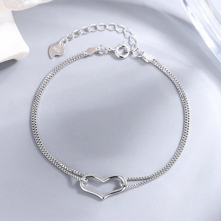 Simple INS Double Layered Pure 925 Sterling Silver Chain Hollow Heart Charm Bracelets for Women Girls Jewelry